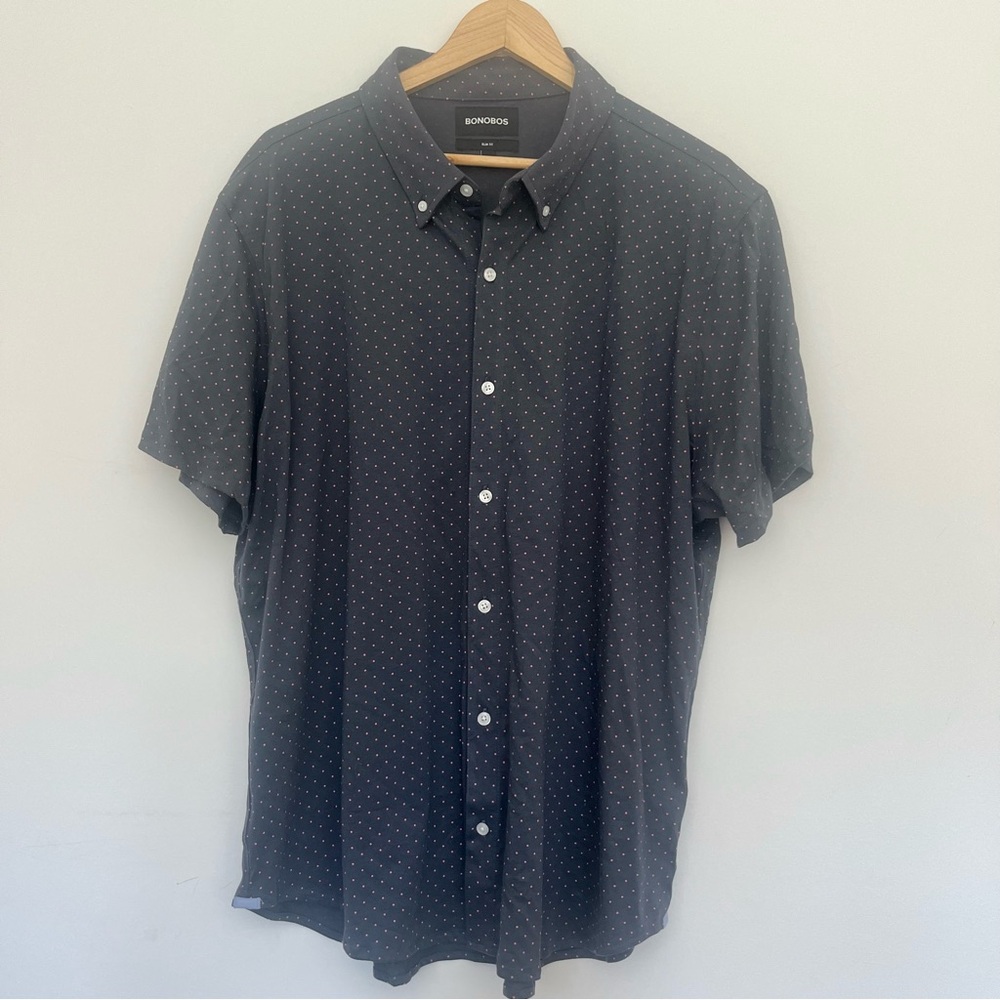 Bonobos Men's Black Short Sleeve Shirt XXL Button Down w Polka Dots Gray Purple